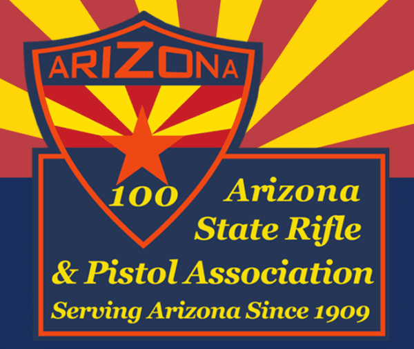 A red and yellow logo for arizona state rifle & pistol association.