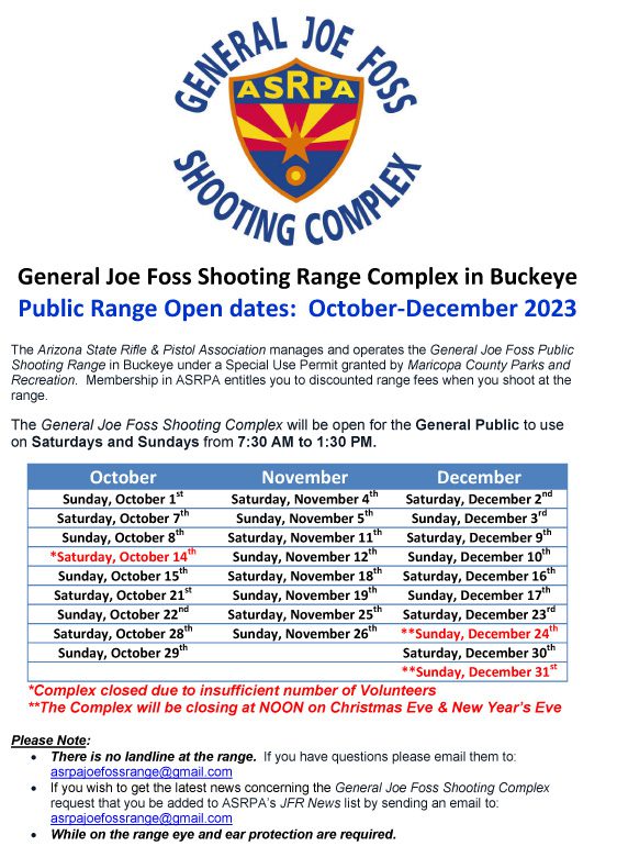 Joe Foss Range Open Dates Oct-Nov-Dec 2023 Rev. 10-13-2023