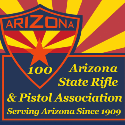 A red and yellow logo for arizona state rifle & pistol association.